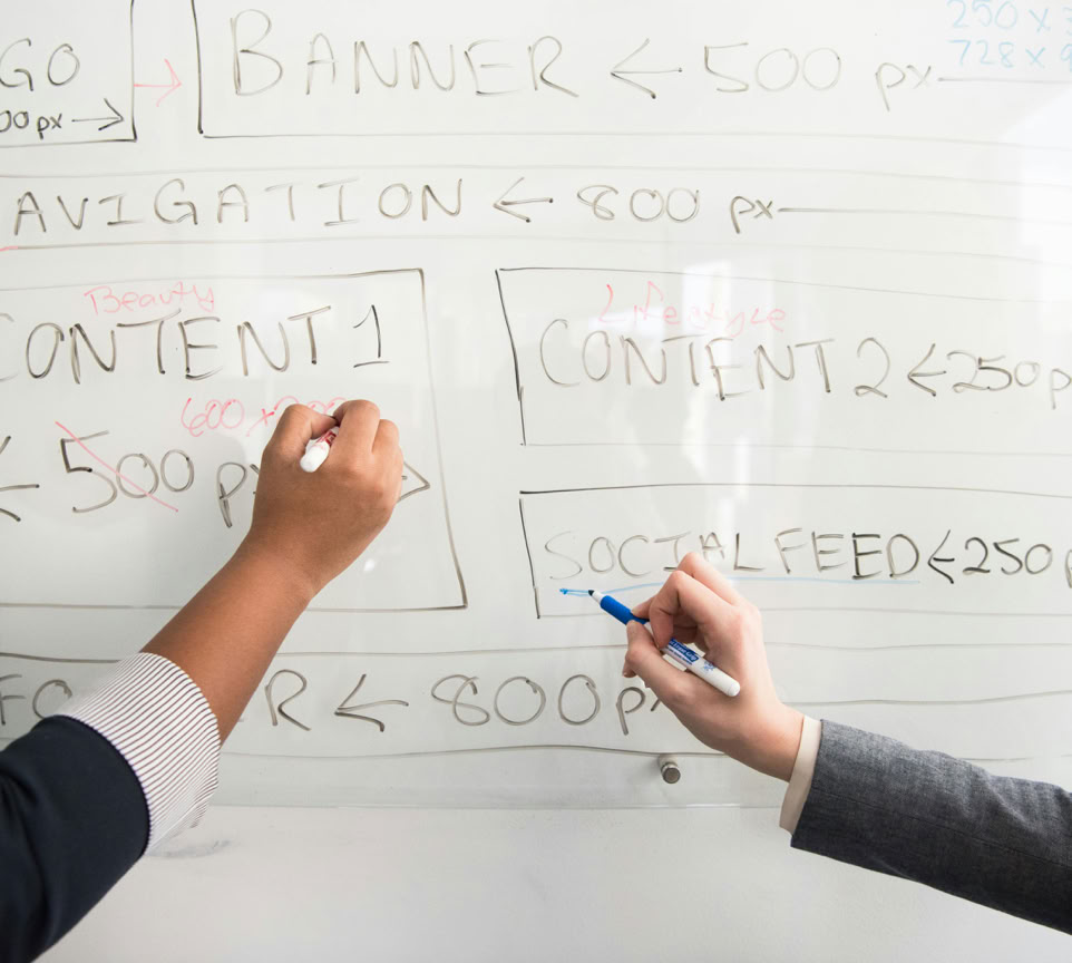 Two people collaboratively planning on a whiteboard with creative strategy.